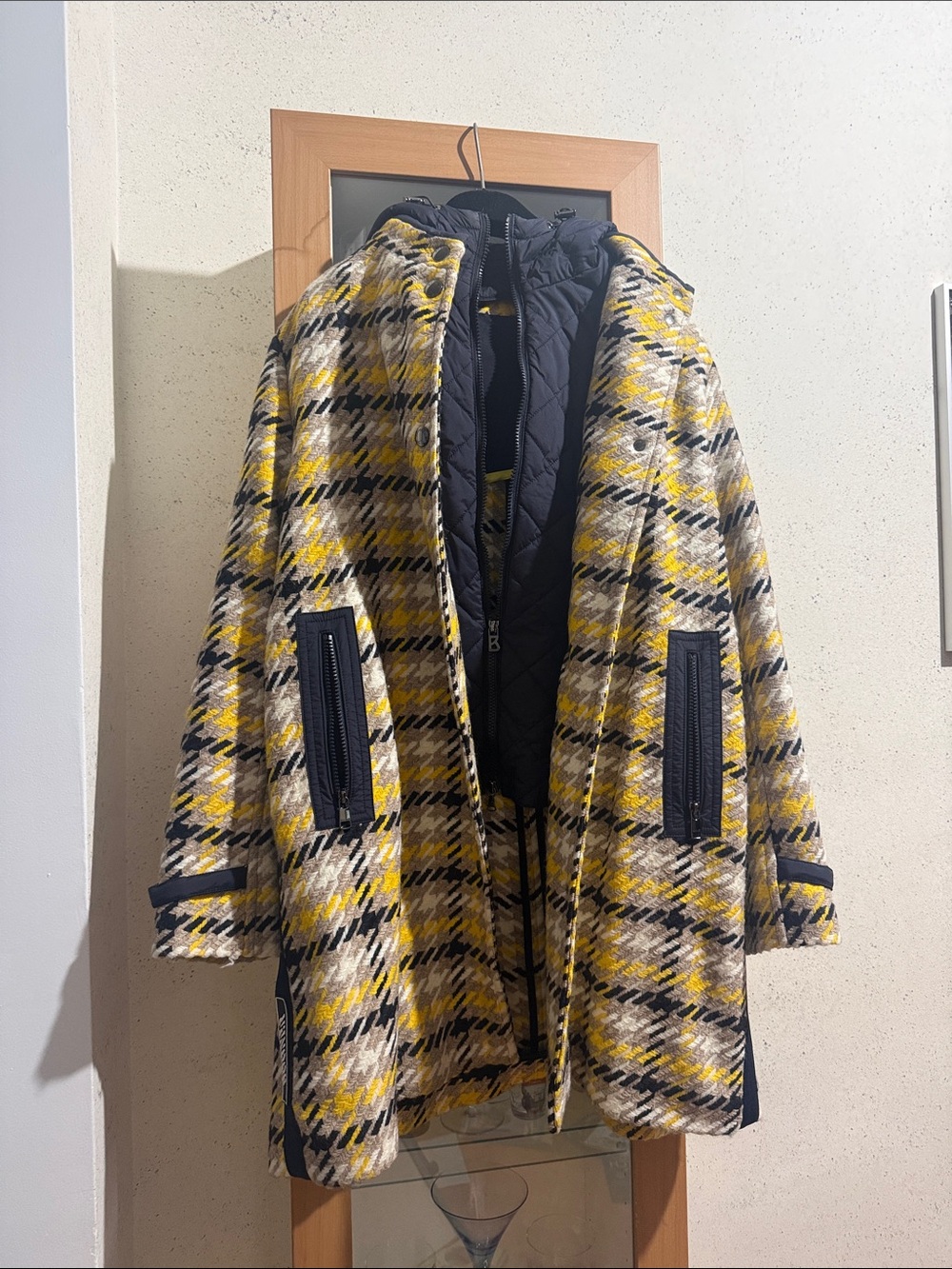 Bogner Plaid Wool-Blend Coat with Quilted black vest lining -  size XL